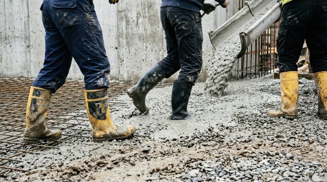 Construction workers pouring wet concrete onto a steel rebar mesh foundation