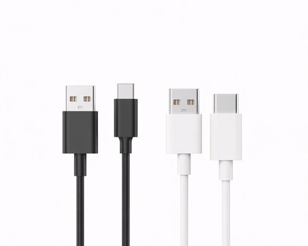 Black and white usb type a and type c charging cables isolated on a white background with charging cable.