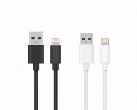 Black and white usb and smartphone charging cables isolated on a white background with charging cable.