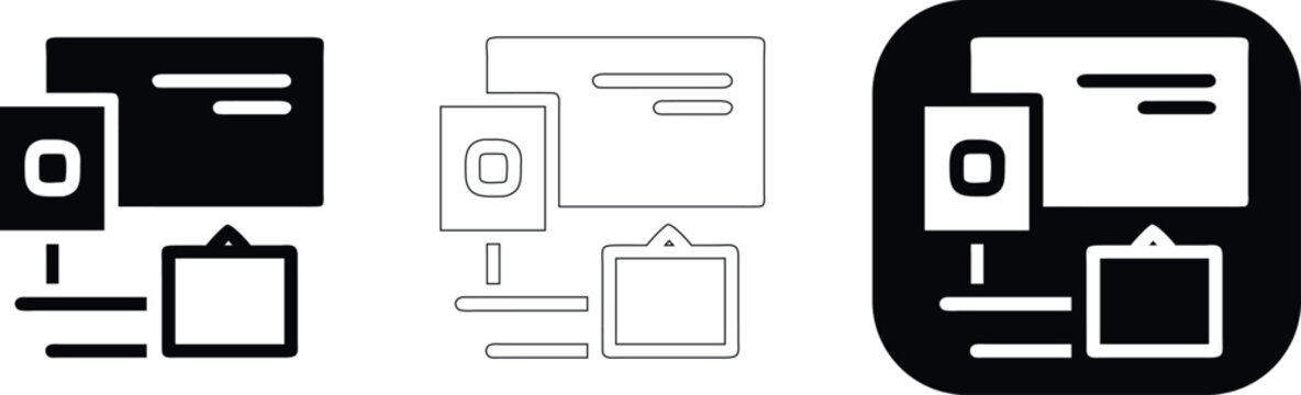 Three showing a document, a small square, and a framed in solid black, line, and rounded square styles