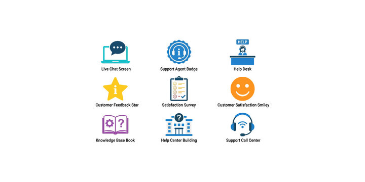Help desk and technical support service icon set with knowledge base and call center symbols isolated on transparent background