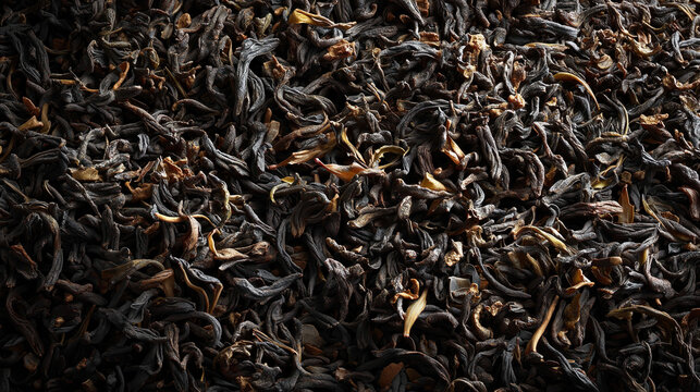 Close-up of dried black tea leaves with curled and twisted appearance for brewing or health benefits