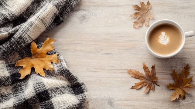 Cozy autumn morning coffee cup with plaid blanket and fallen dried leaves on rustic light wooden background aesthetic backdrop.