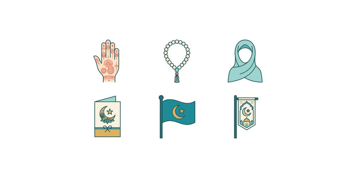 Islamic line icon collection featuring ramadan and eid elements with hijab prayer beads flag and henna hand isolated on transparent background