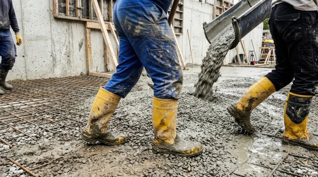 Construction workers pouring wet concrete onto a steel rebar grid
