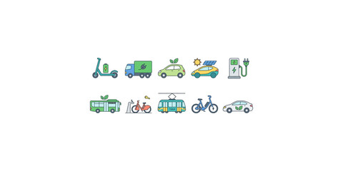 Fototapeta premium Green electric vehicle and eco transport icon set isolated on transparent background