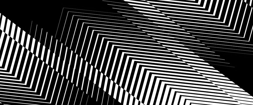 Abstract black and white geometric chevron pattern background with halftone diagonal lines. Minimalist monochrome vector texture with high contrast modern parallel stripes.