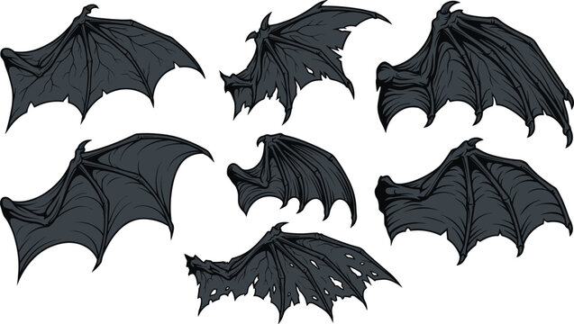 Dark Bat Wings Silhouette Set with Demon and Dragon Wing Shapes for Halloween, Gothic, and Fantasy Designs