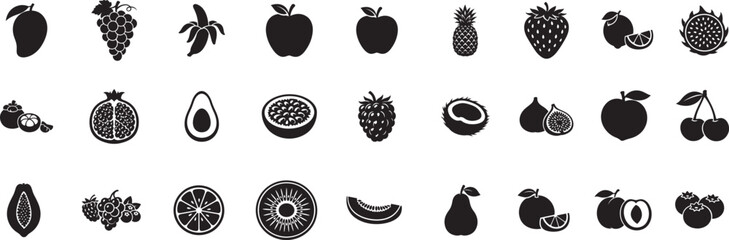 Food fruits glyph icon set with banana, mango, grapes, avocado and berry vector silhouette symbols. © Md Ataullah 
