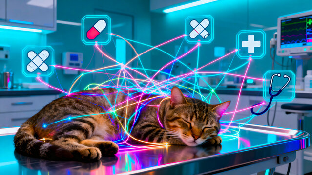 Advanced Veterinary Telemedicine Concept Featuring Tabby Cat Under Digital Health Monitoring with Neon Data Overlays for Precision Animal Healthcare and Futuristic Clinical Diagnostics in a Modern