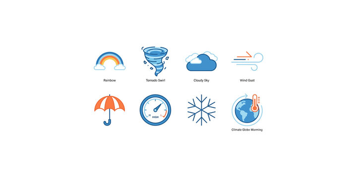 Minimalist line art weather icons collection including rainbow tornado wind gauge umbrella and climate globe isolated on transparent background