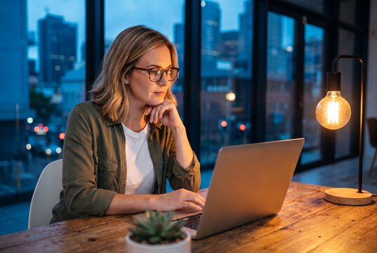 Focused woman working on laptop at night in modern office