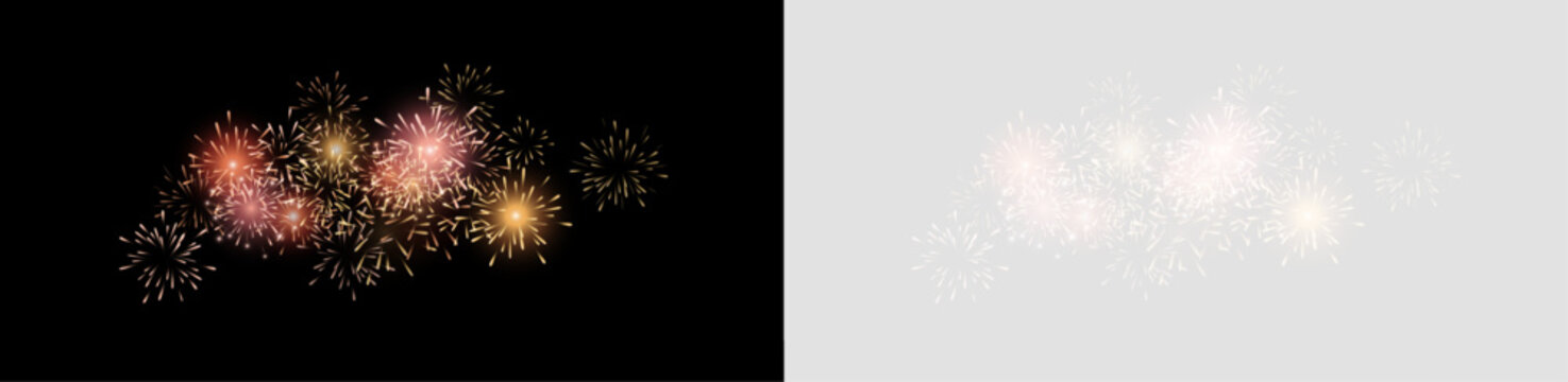 Vector realistic lights, flares. Magic fireworks in the night sky, Christmas background for holiday design, poster, postcard on a transparent background, png. Holiday lights.	
