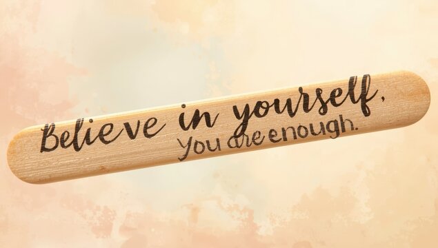 Detailed view of a handwritten note on a popsicle stick, promoting self-esteem and motivation through encouraging phrases.