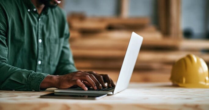Construction manager professional using laptop at a wooden workspace in a workshop