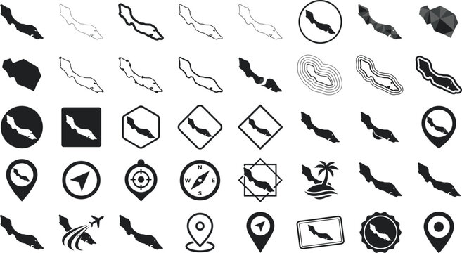 Curacao map icon set with country outline silhouettes, geographic location pins, travel navigation badges, compass emblems, and island tourism vectors
