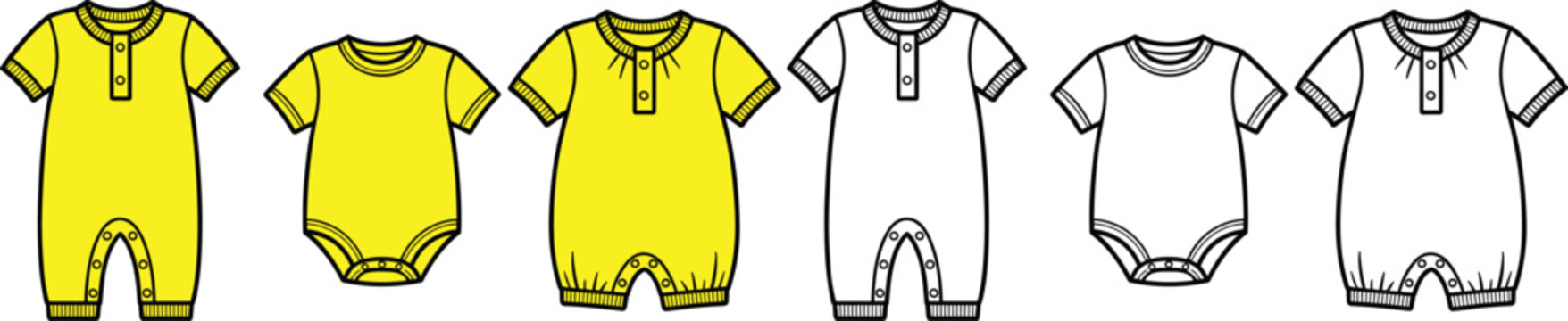 Six Baby Rompers Two Yellow and Four Outline Designs Showing Different Styles baby clothes onesie
