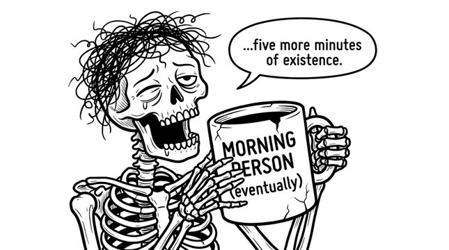 Tired skeleton holding a coffee mug with a funny morning quote illustration