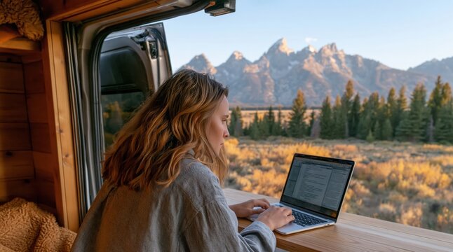 Woman working on laptop inside a camper van with a view of remote mountain travel