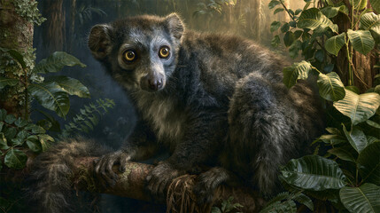 Fototapeta premium Detailed illustration of a wide-eyed lemur perched on a tree branch in a dense tropical rainforest jungle
