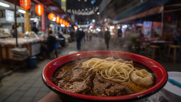 Handmade Taiwanese noodles with beef stew and wontons in hot soup served in a red and black bowl, popular street food in Jiufen, Taiwan.