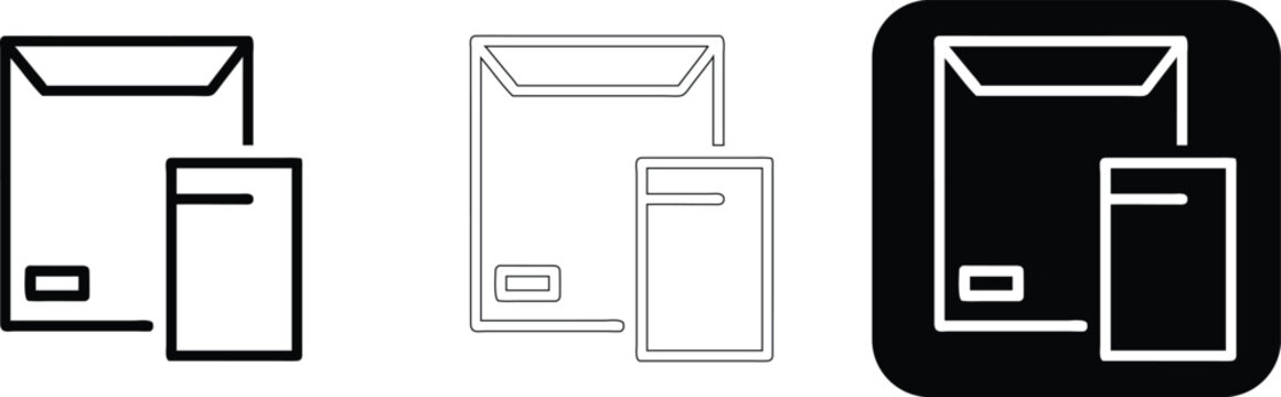 Three of an envelope and a small card, displayed in solid black, thin outline, and white on a black square background