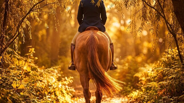> Rear view of an equestrian riding a brown horse on a trail in a beautiful autumn forest at sunset