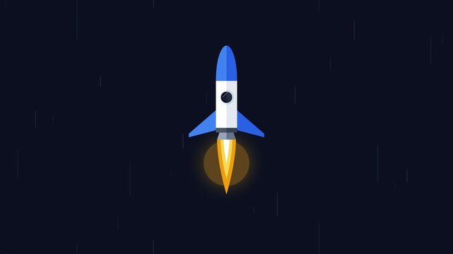 Flat rocket ship launching into space animation loop for tech and business concepts