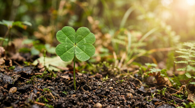 Four-leaf clover growing in dark fertile soil with sunlight.