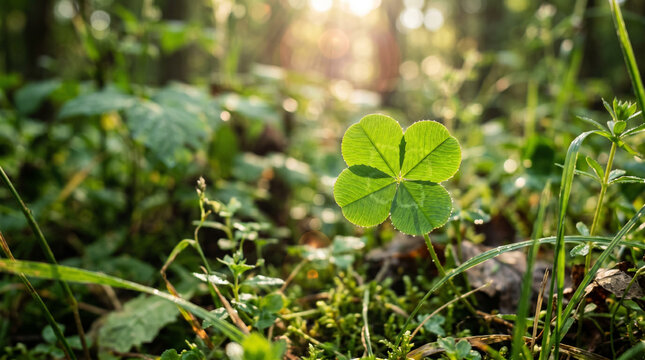 Four leaf clover in a sunlit field.