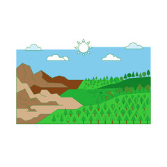 Fototapeta premium Beautiful sunny landscape with green rolling hills and trees in the countryside pastoral nature background