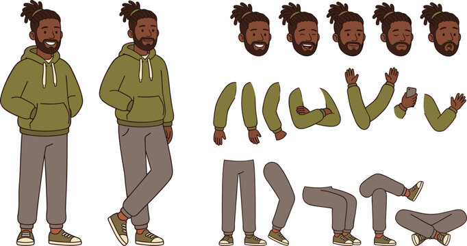Young Man Character Constructor Kit with Interchangeable Faces, Arms, and Legs for Casual Hoodie Animation Design