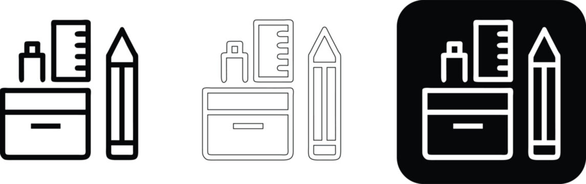 Stationery set featuring a pencil, a ruler, and a small box in bold, thin outline, and white on black square styles
