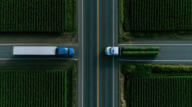 Aerial top-down view of two semi-trucks at a crossroad intersection in green agricultural fields