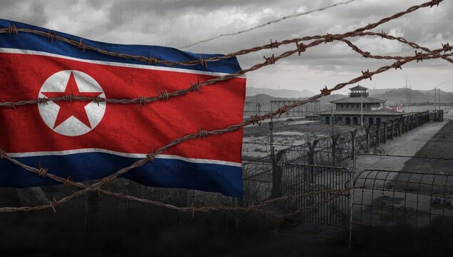 Sanctions impact on North Korea; DPRK flag in barbed wire, aggression, prison, and the inter-Korean border.