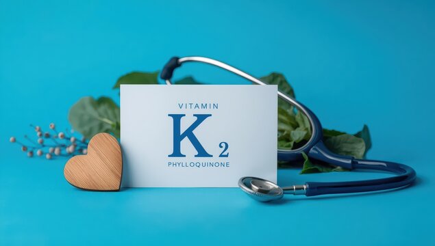 Phylloquinone symbol for Vitamin K2. Conceptual words on a lovely white card. Wooden heart and stethoscope. Attractive blue backdrop. Medical wellness theme for Vitamin K2 phylloquinone.