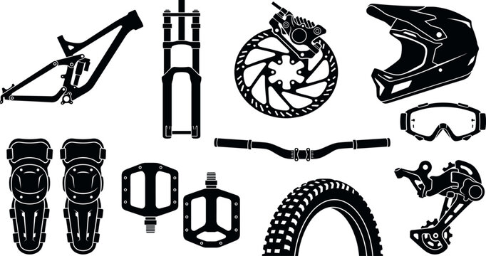 Mountain Bike Components and Downhill Cycling Protection Equipment Silhouette Icon Set