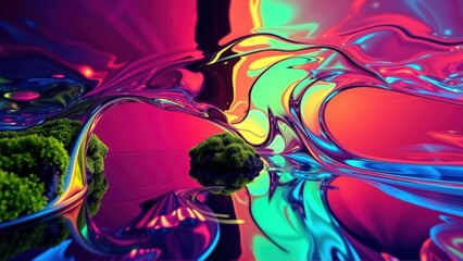 Obraz premium Vibrant fluid shapes dominate scene. Lush greenery floats within reflective, colorful waves. Dramatic lighting creates surreal atmosphere.