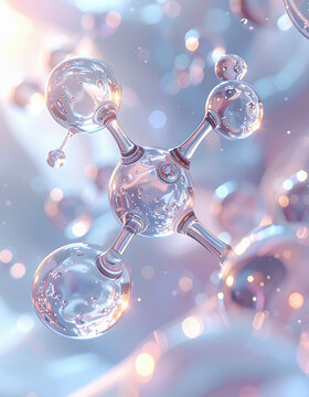 This abstract 3D render of a clear glass molecule model evokes a strong feeling of futuristic innovation and clinical purity a perfect visual for medical biotechnology. Nobody.