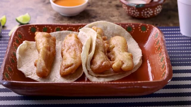 Baja style fish tacos person using tongs to place fried fish pieces into corn tortillas for baja style tacos