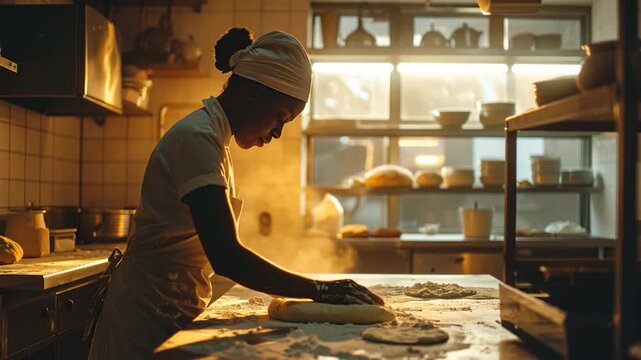 A baker in a sunlit kitchen shapes dough. Warm light fills the room and workspace