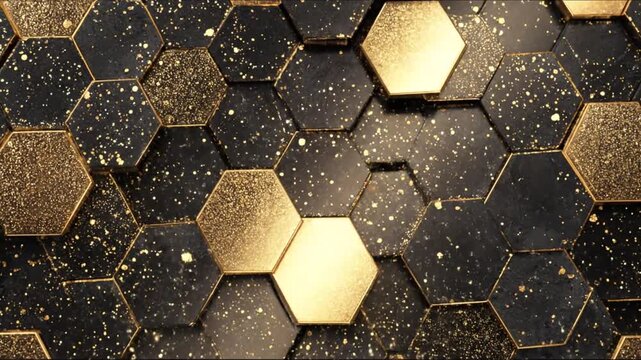 Close-up view of a gold-edged honeycomb tile background with a sprinkle of glistening golden particles