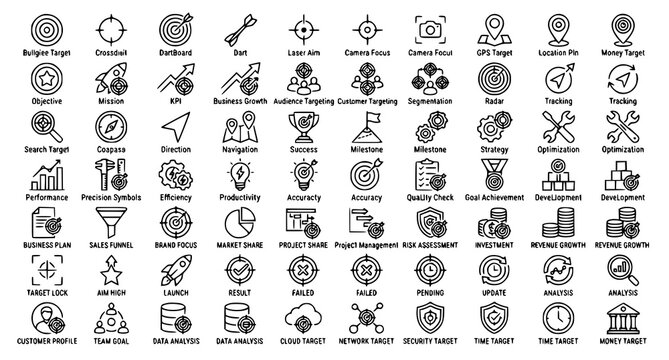Target Goal Icon Collection Editable Stroke Bullseye Crosshair Business Outline Vector Set on White Background