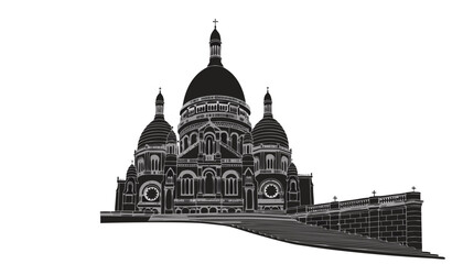 Obraz premium Very beautiful black and white realistic vector illustration of Sacré-Cœur Basilica with a stone stairway, elegant engraved architectural details, isolated on white background.