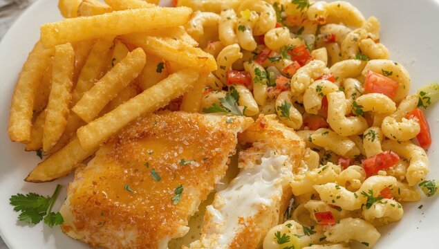 oven-cooked cod with fries and pasta salad