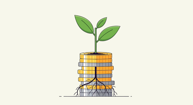 Concept of financial growth and strong foundations with a plant growing from a stack of coins, showing roots and investment