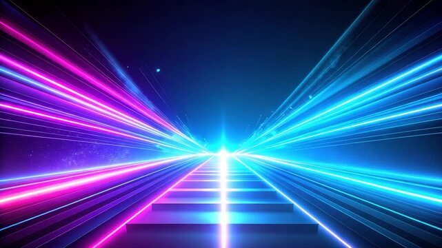 Illuminated stairs leading to bright light with speed lines in blue, pink, and purple