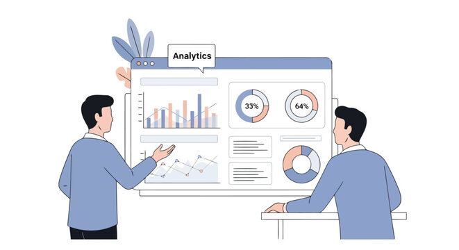 Business analytics and data visualization on a screen, with two men discussing insights and strategy in a modern office setting