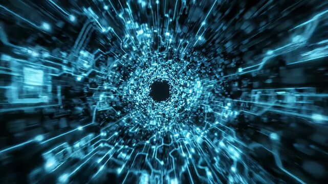 Futuristic Blue Digital Tunnel with Circuit Patterns and Data Stream Flow