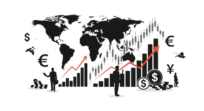 Global financial market analysis with world map and currency symbols